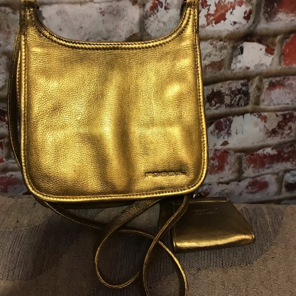 FOSSIL Metallic Gold Leather Crossbody Bag With Matching Mini Wallet